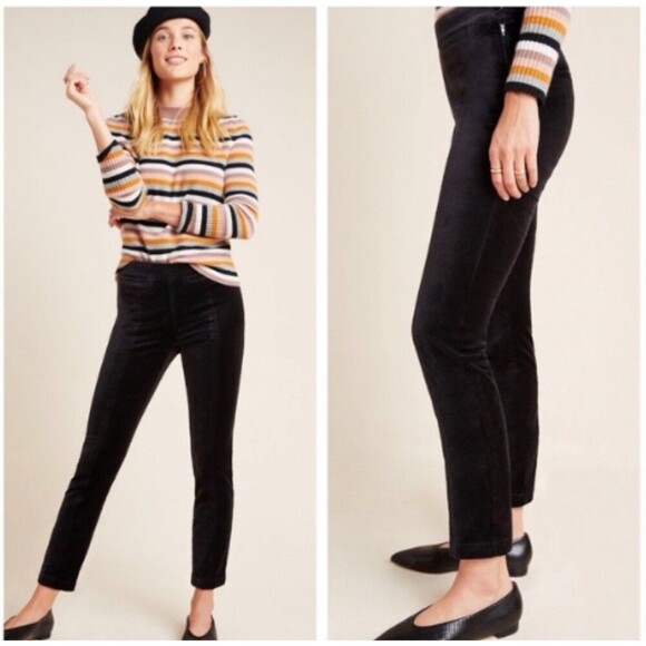 Anthropologie The Essential Velvet Slim Trouser Pants Size 14 Tall Black Velour - Picture 1 of 10